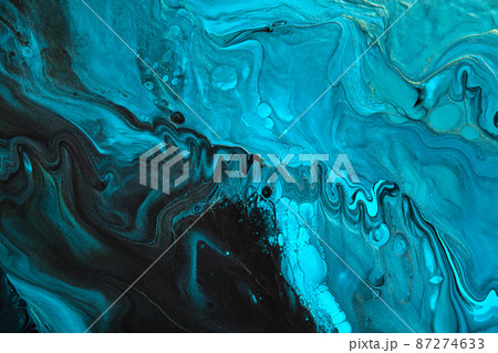 Fluid Art. Blue abstract wave swirls on black background. Marble effect background or texture 87274633