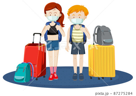 Two travellers wearing masks with their luggages Two travellers wearing masks with their luggages 87275284