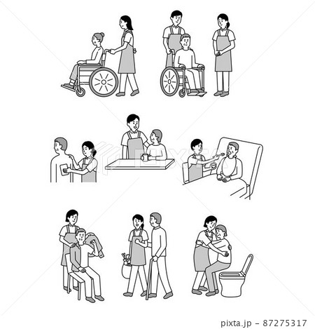 介護師や福祉の人物イラストモノクロまとめ 87275317