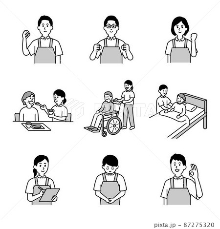 介護師や福祉の人物イラストモノクロまとめのイラスト素材