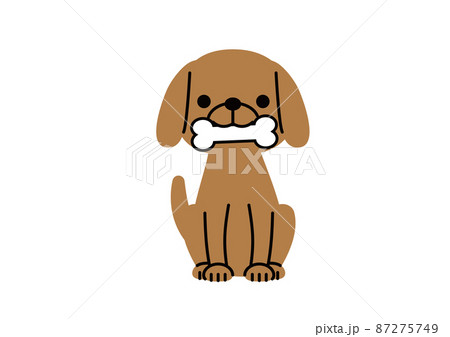 骨をくわえてお座りしている茶色い犬のイラスト素材