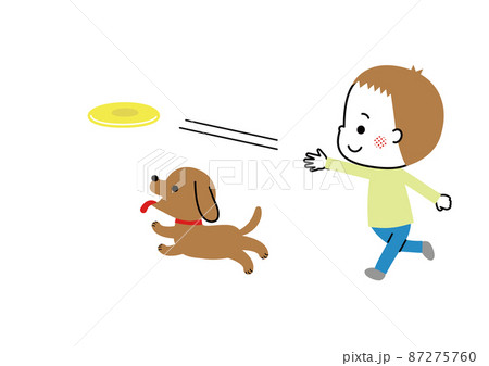 犬とフリスビーを投げて遊ぶ男の子のイラスト素材