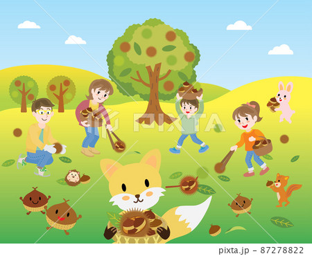栗拾いをする家族と可愛い森の動物たちの風景 87278822