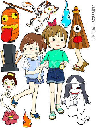 日本のお化けと肝試しで怖がる女の子 87278832