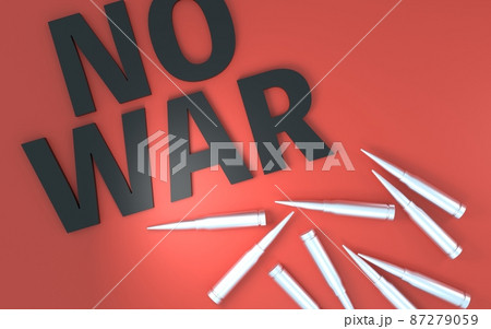 戦争反対、「No War」の立体文字と弾丸、真俯瞰、3DCG 87279059