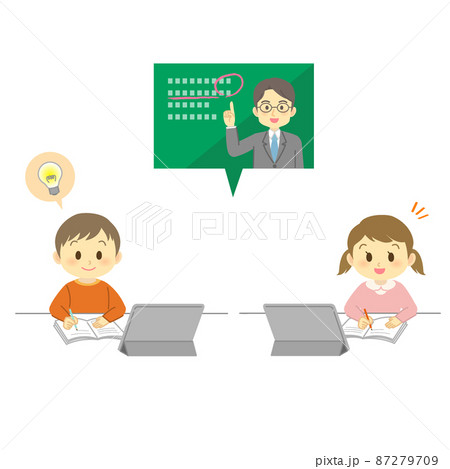 イラスト素材:タブレットでオンライン授業を受ける笑顔の男子と女子小学生(女の子/ポジティブ) イラスト素材:タブレットでオンライン授業を受ける笑顔の男子と女子小学生(女の子/ポジティブ) 87279709