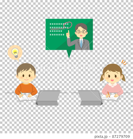 イラスト素材:タブレットでオンライン授業を受ける笑顔の男子と女子小学生(女の子/ポジティブ) イラスト素材:タブレットでオンライン授業を受ける笑顔の男子と女子小学生(女の子/ポジティブ) 87279709