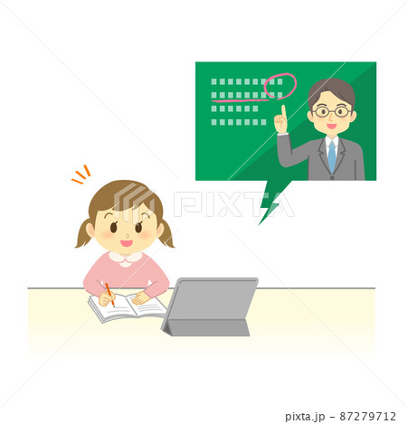 イラスト素材:タブレットでオンライン授業を先生から受ける笑顔の小学生(女の子/ポジティブ) イラスト素材:タブレットでオンライン授業を先生から受ける笑顔の小学生(女の子/ポジティブ) 87279712