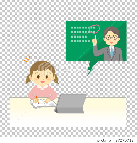 イラスト素材:タブレットでオンライン授業を先生から受ける笑顔の小学生(女の子/ポジティブ) イラスト素材:タブレットでオンライン授業を先生から受ける笑顔の小学生(女の子/ポジティブ) 87279712