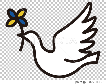 白鴿在天空中飛翔,鮮花和平、友誼、慈善、幸福、祈禱、象徵、烏克蘭色的花朵 白鴿在天空中飛翔,鮮花和平、友誼、慈善、幸福、祈禱、象徵、烏克蘭色的花朵 87280439