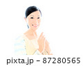 エプロン姿で笑顔で両手を合わせる中年女性　ハンドクリームを塗るイメージ 87280565