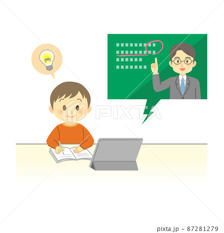 イラスト素材:タブレットでオンライン授業を先生から受ける笑顔の小学生(男の子/ポジティブ) イラスト素材:タブレットでオンライン授業を先生から受ける笑顔の小学生(男の子/ポジティブ) 87281279