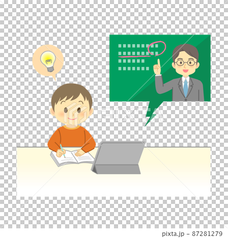 イラスト素材:タブレットでオンライン授業を先生から受ける笑顔の小学生(男の子/ポジティブ) イラスト素材:タブレットでオンライン授業を先生から受ける笑顔の小学生(男の子/ポジティブ) 87281279