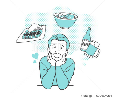 こってり系の料理を妄想して笑顔になるおじさん こってり系の料理を妄想して笑顔になるおじさん 87282564