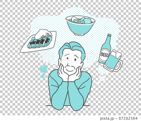 こってり系の料理を妄想して笑顔になるおじさん こってり系の料理を妄想して笑顔になるおじさん 87282564
