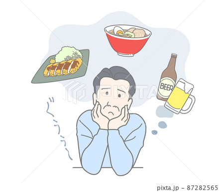 空腹に耐えながら美味しいものを妄想する中年男性 - 食事制限・ダイエット・健康診断前  87282565