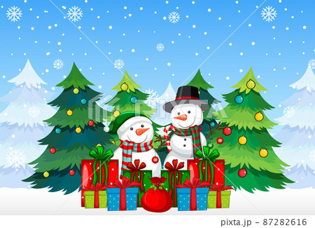 Snowman with many gift boxes on snowy blue background 87282616