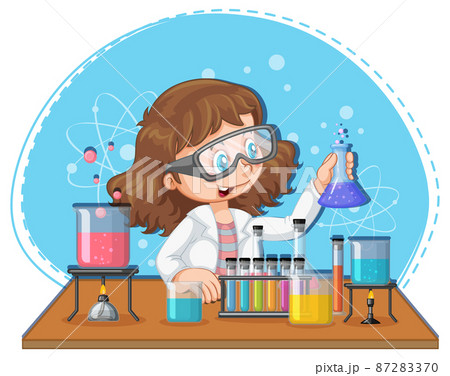 Scientist girl cartoon character with laboratory equipments 87283370
