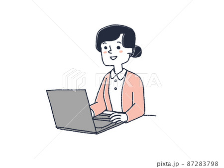 ノートパソコンで入力作業をする看護師　コミカルな手書きの人物イラスト　ベクター線画にシンプルな色つけ 87283798