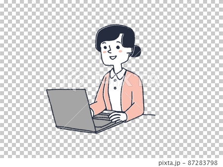 ノートパソコンで入力作業をする看護師　コミカルな手書きの人物イラスト　ベクター線画にシンプルな色つけ 87283798