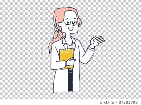 一個穿白大衣的女人在解釋，一個滑稽的手寫人物插圖，一個簡單的矢量線圖著色，一個白色背景 87283799