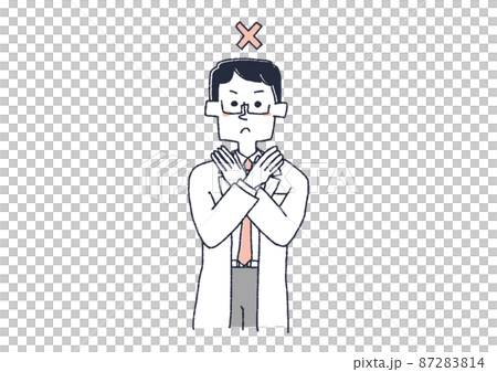 一個用手做十字標記的男醫生，一個滑稽的手寫人，一個矢量和簡單的線條圖著色。 87283814