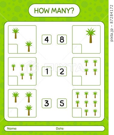 How many counting game with palm tree. worksheet for preschool kids, kids activity sheet, printable worksheet 87284172