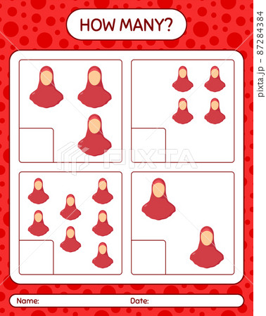 How many counting game with female moslem. worksheet for preschool kids, kids activity sheet, printable worksheet 87284384