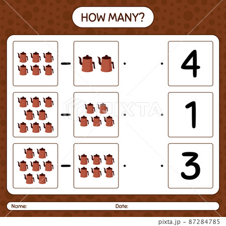 How many counting game with arabic teapot. worksheet for preschool kids, kids activity sheet, printable worksheet 87284785