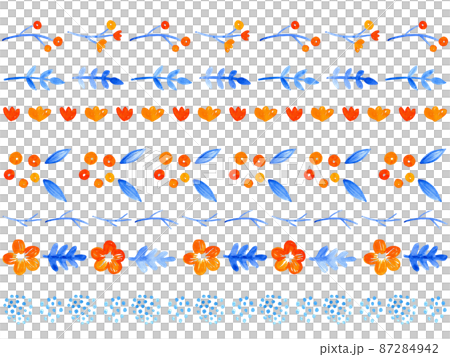 濃いめの青とオレンジの植物水彩ライン素材セットのイラスト素材