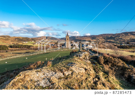 Aerial view of standing stone in Glencolumbkille in County Donegal, Republic of Irleand Aerial view of standing stone in Glencolumbkille in County Donegal, Republic of Irleand 87285473