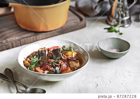 Aubergine with Carrot ,Bell Pepper and Cherry tomatoes Stew 87287228