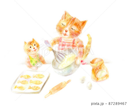 お菓子を作るネコの親子　手描き 87289467