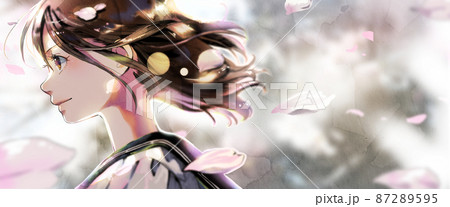 横顔の女学生イラストのカラー、背景有、逆光、右スペースあり版 87289595