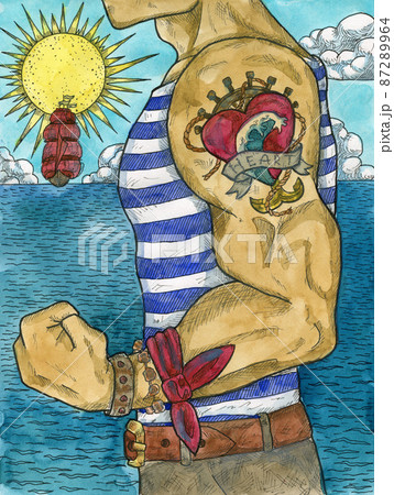 Colorful Marine Fantasy illustration of athletic sailor man body and ship against dawn. Nautical vintage drawings, t-shirt and tattoo graphic Colorful Marine Fantasy illustration of athletic sailor man body and ship against dawn. Nautical vintage drawings, t-shirt and tattoo graphic 87289964