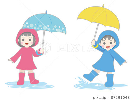 傘をさす男の子と女の子のイラストセット外枠付き 87291048