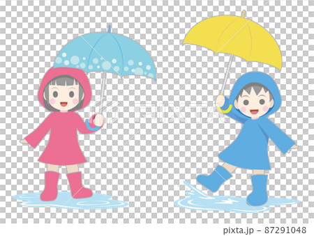 一組男孩和女孩拿著帶外框的雨傘的插圖集 一組男孩和女孩拿著帶外框的雨傘的插圖集 87291048