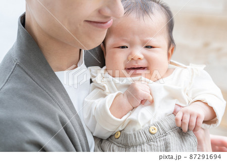 パパに抱っこされてむずがる赤ちゃんの顔のアップ パパに抱っこされてむずがる赤ちゃんの顔のアップ 87291694