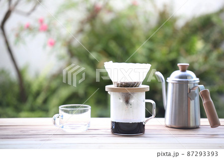 Glass of coffee drip and stainless and glass cup 87293393