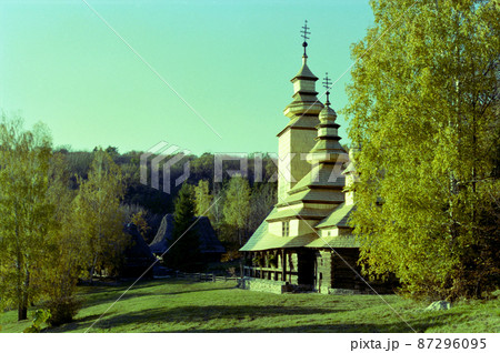 Christian church cross in high steeple tower for prayer 87296095