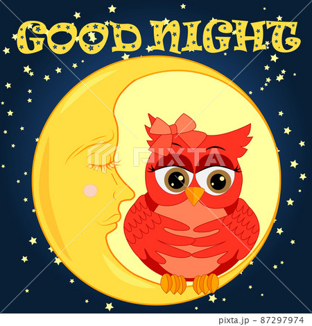 A sweet cartoon pink owl in a sleeping cap relaxes sitting on a sleeping sickle of the moon among a dark night sky and stars 87297974