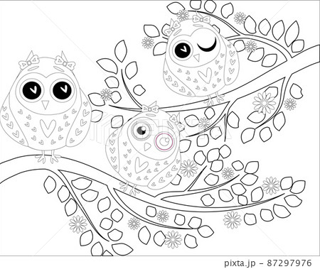 Coloring book for adult and older children. Coloring page with cute owl and floral. 87297976