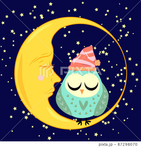 cute cartoon sleeping owl in circles with closed eyes sits on a drowsy crescent among the stars. 87298070