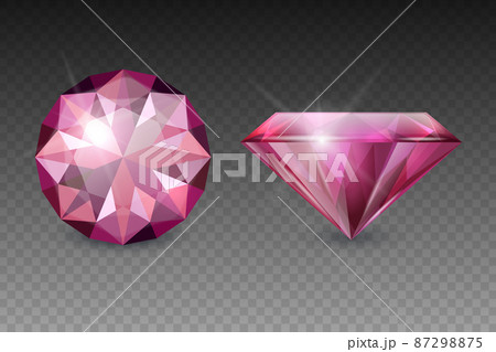 Vector 3d Realistic Pink Transparent Gemstone, Diamond, Crystal, Rhinestones Icon Set Closeup Isolated. Jewerly Concept. Design Template, Clipart. Top and Side View 87298875