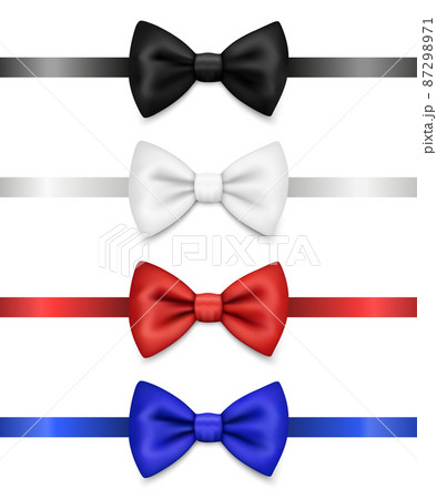 Vector 3d Realistic Red, Blue, White, Black Bow Tie Icon Set Closeup Isolated. Silk Glossy Bowtie, Tie Gentleman. Mockup, Design Template. Bow tie for Man. Mens Fashion, Fathers Day Holiday Vector 3d Realistic Red, Blue, White, Black Bow Tie Icon Set Closeup Isolated. Silk Glossy Bowtie, Tie Gentleman. Mockup, Design Template. Bow tie for Man. Mens Fashion, Fathers Day Holiday 87298971