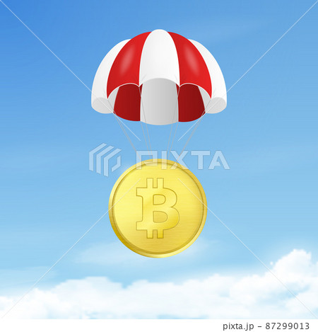 Vector 3d Realistic Bitcoin with Parachute in Sky. Rising Price of Bitcoin, Web banner of Blockchain Technology, Bitcoin, Altcoins, Cryptocurrency Mining, Finance, Digital Money Market 87299013