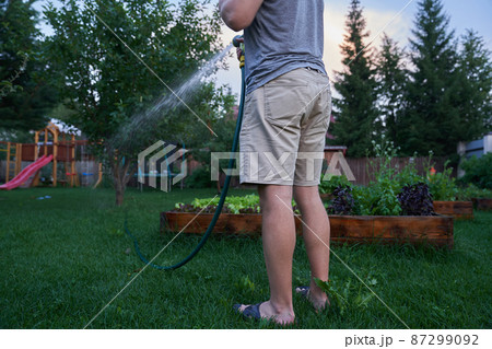 A man is watering outdoor plants in the garden on the background of a playground. Jet spraying of water in daylight. Gardening and hobby concept. High quality photo 87299092
