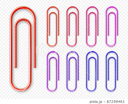Realistic colorful metal paper clips on checkered background. Page holder, binder. Vector Realistic colorful metal paper clips on checkered background. Page holder, binder. Vector 87299461
