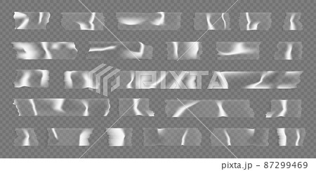 Realistic transparent adhesive tape. Sticky plastic strips collection. Glue scotch tape pieces 87299469