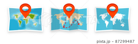 Folded world maps in a flat style. Simplified paper map with red location pin. Navigation, route and 87299487